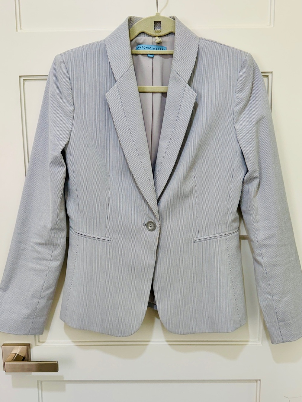 ANTONIO MELANI Light Gray White Striped Single-Button Tailored Blazer 4